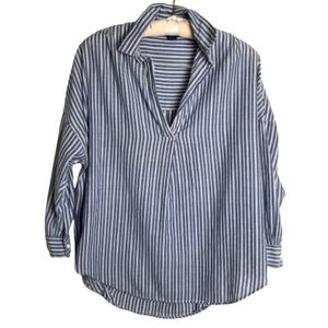French Connection Oversized V-Neck Shirt, Blue and White stripes, Size XS
